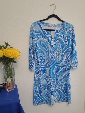 Barbara Gerwit Blue & White Paisley Shift Dress Size Medium